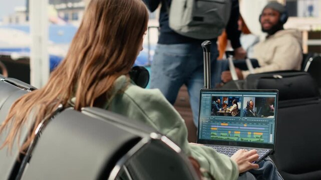 Woman filmmaker using airport downtime to edit motion picture footage on laptop in the terminal lounge, working as a digital nomad and enjoying global mobility and flexibility. Nomadic lifestyle.