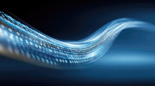 Abstract digital wave with binary code flowing through a blue background representing technology, data processing, and modern communication concepts