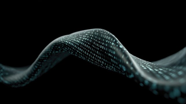 Abstract digital wave with binary code representing data flow and technology innovation on a dark background, highlighting the concept of information and communication