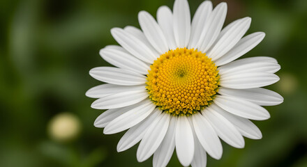 Obraz premium A vibrant close-up captures the intricate beauty of a white daisy, its pristine petals radiating around a golden yellow center, symbolizing the simple elegance and fresh essence of springtime nature