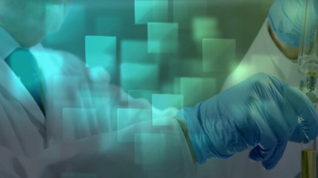 Senior lab tech touching pipette to tube, moving sample for lab test with teal squares highlighting