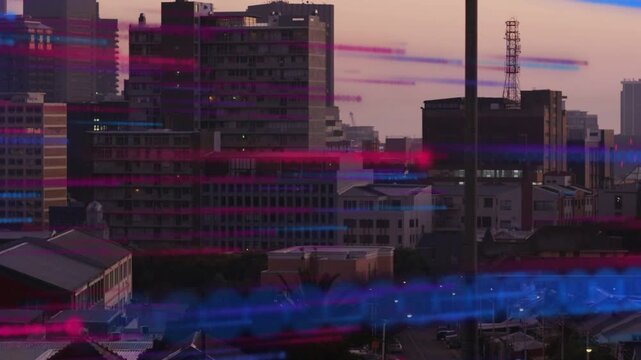 Third frame showing animated blue magenta streaks emerging left sweeping skyline mapping tech flow