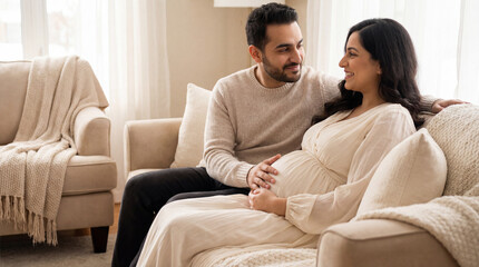 Obraz premium Mother's Day expectant couple on sofa with husband touching belly showing love care warmth for parenting lifestyle magazine editorial content
