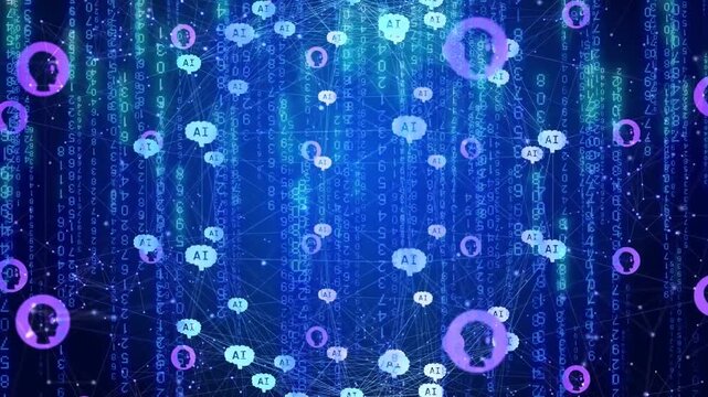 Forming wireframe globe pulsing and connecting in digital space with AI nodes, magenta rings