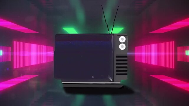 Retro CRT television cycling from static-glitch and neon pulses, adding depth for tech