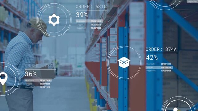 Warehouse tech scanning tablet and pulling box along aisle, showing order progress bars on racks