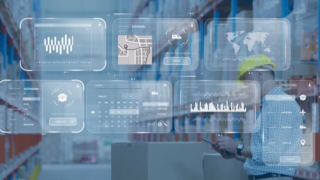 Warehouse man tapping tablet with AR overlay appearing checking map chart calendar package tracking