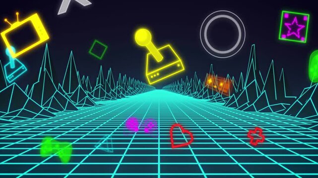 Pushing camera moving cyan grid and floating game icons to horizon in neon tunnel, yellow joystick