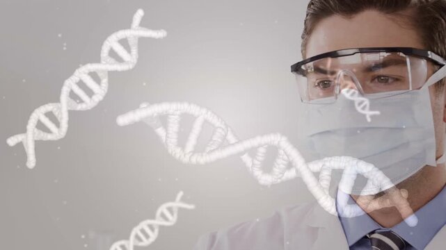 Lab scientist, gloved hand entering, lifting tube, inspecting for testing, DNA over face and tube