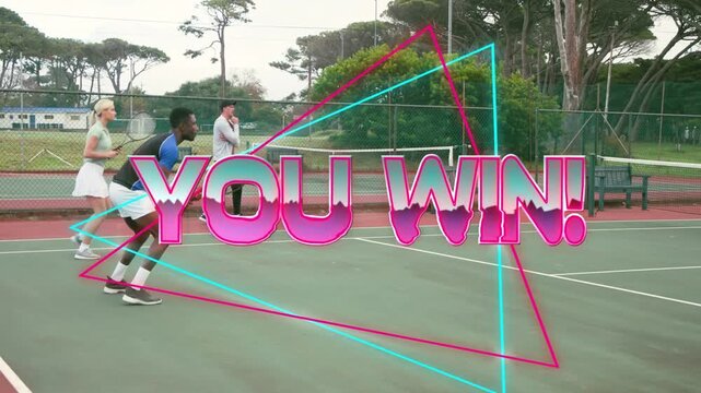 Male tennis player hitting volley, causing neon lines and YOU WIN!, partner running, coach reacting