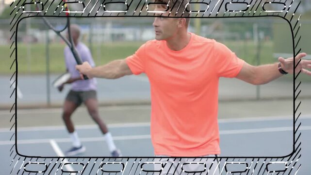 Responding to partner shot, orange-shirt man hitting backhand with racket on public court