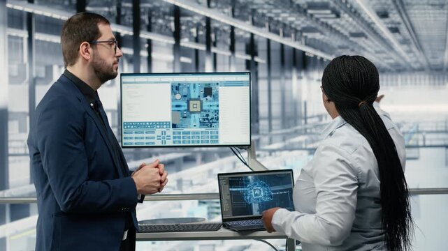Microchip industry 4.0 plant directors using AI deep learning software to innovate production. Smart factory colleagues using artificial intelligence technology to oversee semiconductors, camera B