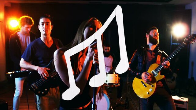 Female singer grabbing mic, starting song on stage, band escalating with white note overlaying
