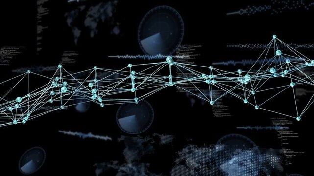 Cyan node mesh oscillating in analytics UI, receiving telemetry and animating radar, waveform, code