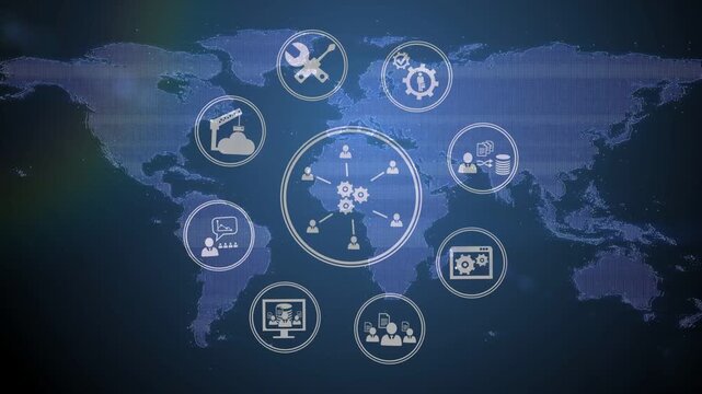 Animating hub as gear appearing forming spokes linking users on blue map for teamwork with badges