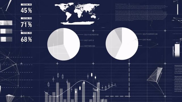 Playing dashboard sequence revealing live analytics on dark blue grid, with pie slice and bars