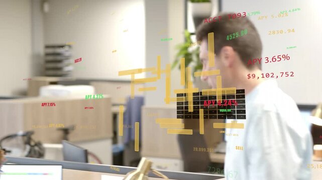 Woman analyst checking finance, manager walking in handing docs, floating bars linking to screen