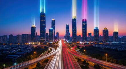 Fototapeta premium Futuristic Smart City Skyline with Light Beams at Night