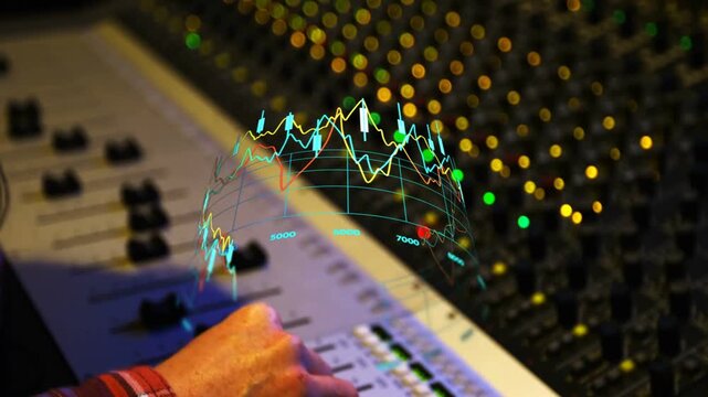 Adjusting engineer in red plaid mixing faders during playback to balance mix, hologram, copy space