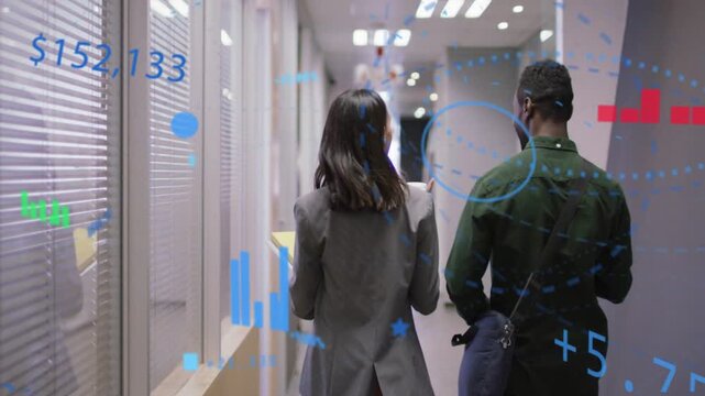 Female coworker walking ahead while male pausing sip, exchanging finance talk with floating charts