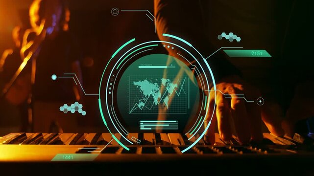 Keyboardist starting music pressing keys, HUD over keys showing rising graphs as vocalist gesturing