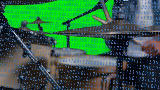 Drummer hand entering, striking kit in music studio, binary overlay overlaying kit for recording