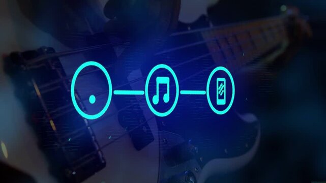 Cyan icon appearing, plucking guitar causing icons pulsing and morphing in studio, signaling stream