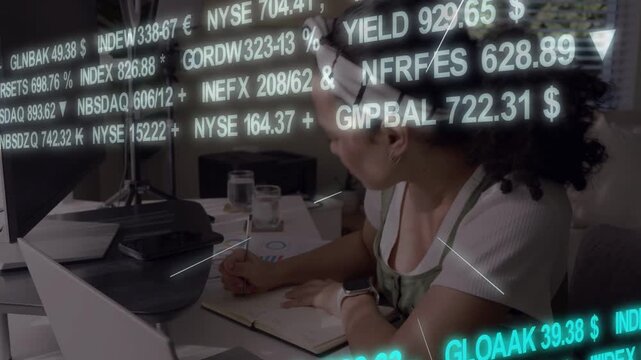 Holding chart Asian woman in pinafore comparing screen at home while tracking ticker, copy space