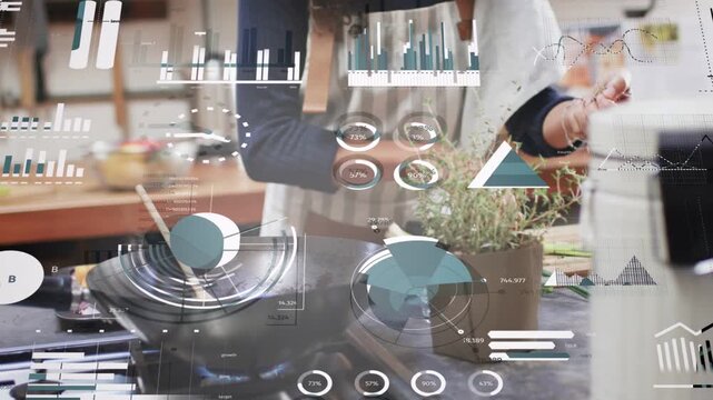 Woman trimming herb pot for cooking, adding herbs to pan after tapping phone and charts overlaying