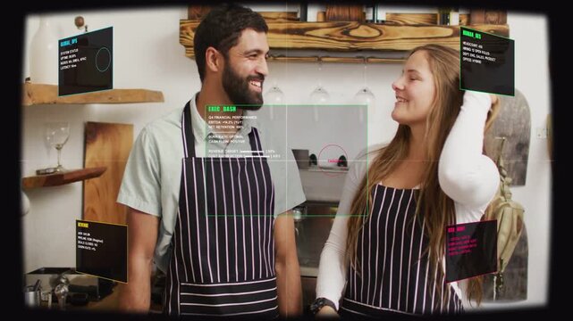 Reacting to croissant offer, baristas in striped aprons laughing behind counter with HUD overlays