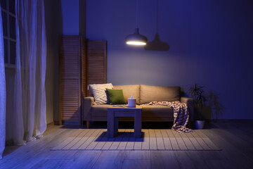 Interior of dark living room with sofa, folding screen and glowing lamp at night © Pixel-Shot