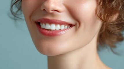 Fototapeta premium Close-up of a smiling woman with curly hair showcasing bright teeth and healthy skin against a soft blue background in a natural light setting