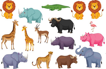 Fototapeta premium African safari animals collection including lion, elephant, giraffe, zebra, rhino and buffalo cartoon vector illustration set