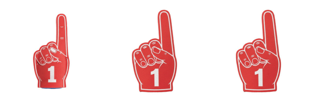 Set of Red Foam Finger Number One Hands Isolated on White Background - Realistic 3D Render of Sports Fan Accessories for Championship, Victory, Team Support, and Stadium Events