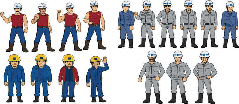 Construction worker character set with helmet and uniform, builder and engineer cartoon characters in different poses, industrial worker illustration collection