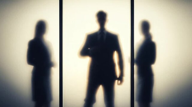 Silhouettes of business people in office setting.
