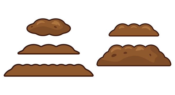 Set of stylized soil and dirt pile shapes in flat vector style. Various ground mounds and mud layers with organic. Perfect for gardening agriculture landscaping or construction projects.