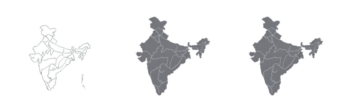 Set of India Map Icons with States Borders, Minimalist Gray Vector Silhouette and Outline Design, Professional Geographic Cartography Infographic Elements on White Background