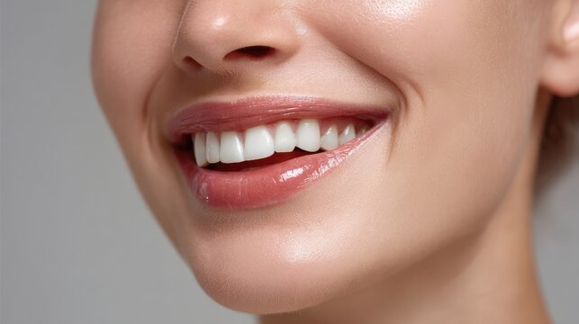 Close-Up of a Smiling Woman Showcasing Bright White Teeth and Radiant Skin with Natural Makeup Against a Neutral Background for Beauty Concepts