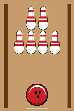 Simple bowling illustration with pins and ball, representing fun sports activity, competition, and recreation