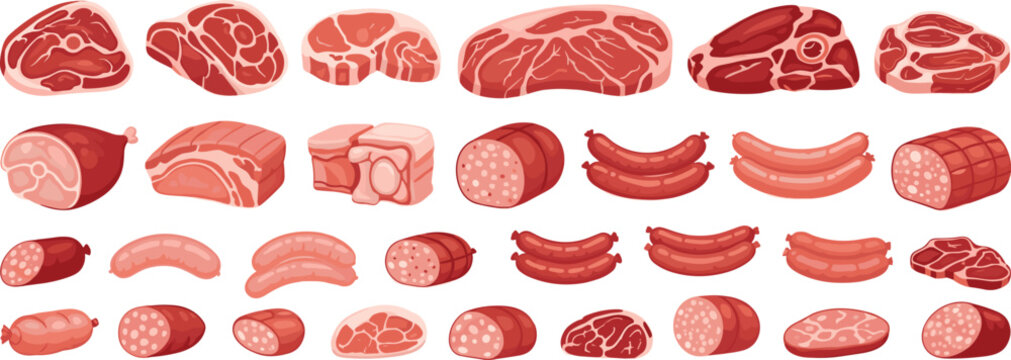 Various raw meat cuts and sausages collection including beef, pork, bacon and salami isolated vector illustration set for butcher shop and food design