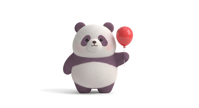 A cute panda bear happily holds a red balloon in a playful scene.