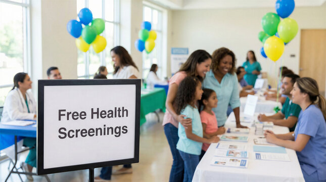Diverse families attend a free health screening event, interacting with medical professionals