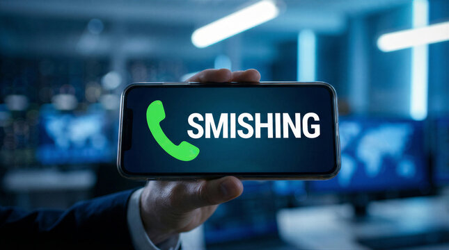 Hand holding smartphone displaying smishing with a call icon, representing mobile cybersecurity threat