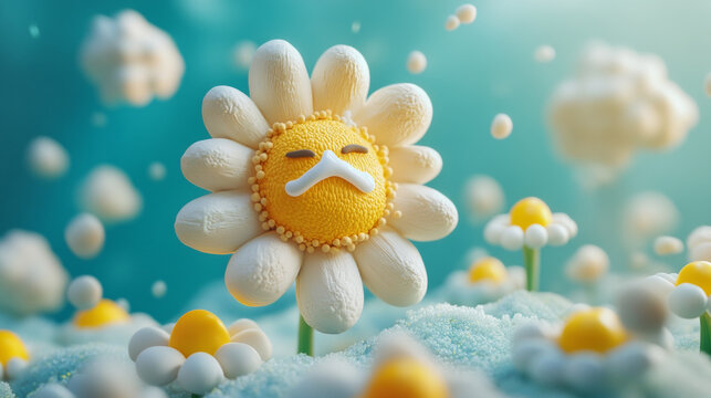 3D clay style cute daisy illustration with aggrieved expression - Generative AI