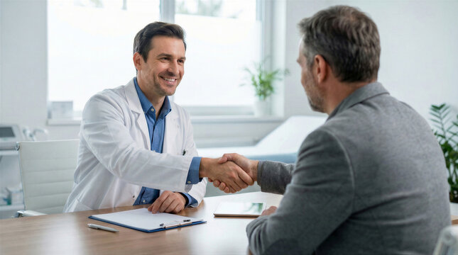 Doctor shaking hands with a male patient during a consultation in a modern medical office, symbolizing trust and agreement