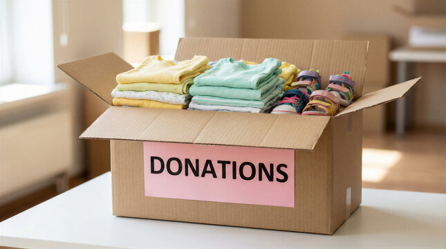 Cardboard donation box filled with neatly folded colorful clothes and childrens shoes, symbolizing charity, giving, and help