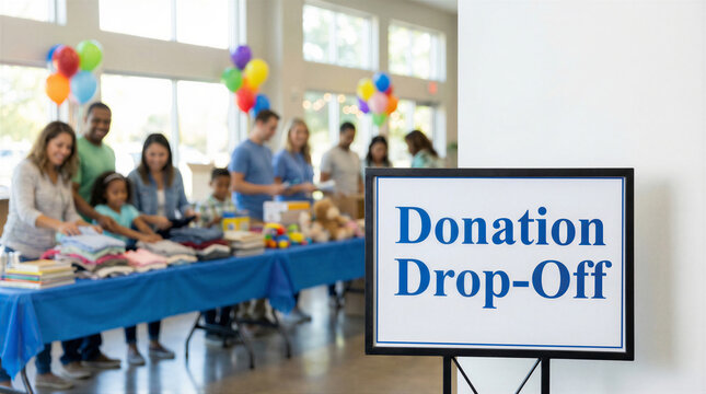 Donation dropoff sign in the foreground with a blurred background of diverse volunteers sorting donated items at a community event