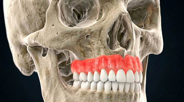 側面から見た頭蓋骨と赤色で強調された上顎骨と歯列の解剖図