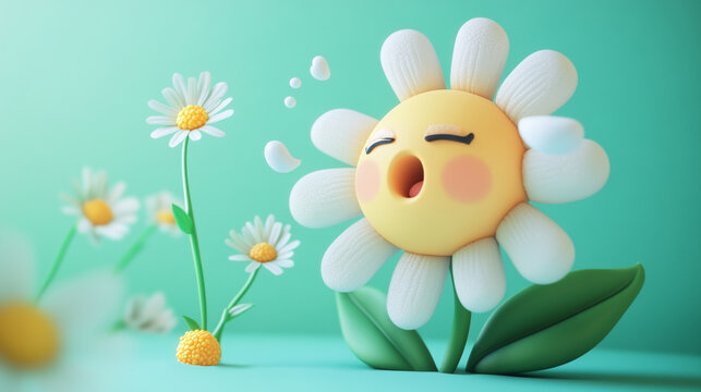 Cute 3D personified daisy yawning and blowing air - Generative AI